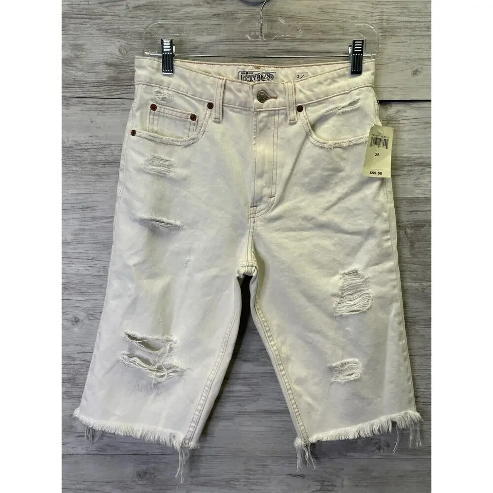 Lucky Brand Womens White Denim Distressed Bermuda Shorts 26 Lucky Pins 7WD10771